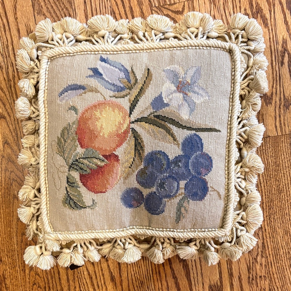 Floral and Fruit Needlepoint Pillow